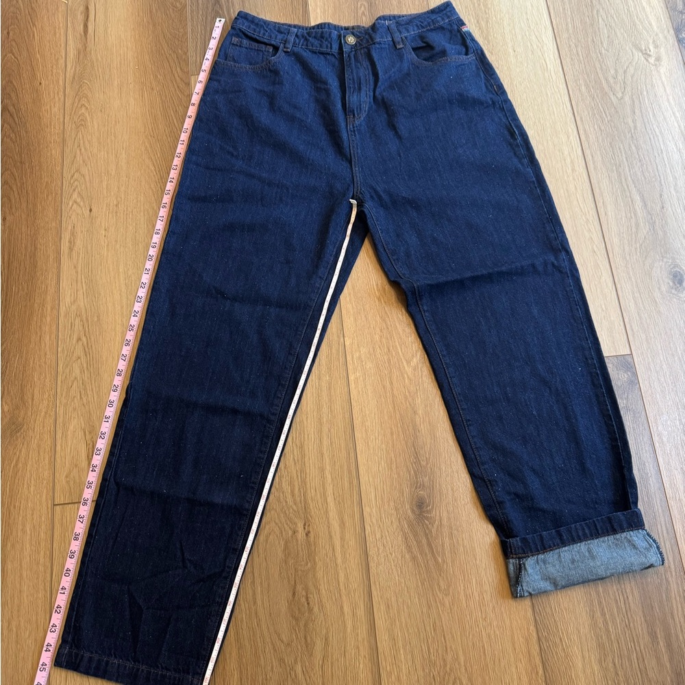 Dark Denim Jeans, retro rainbow stitching